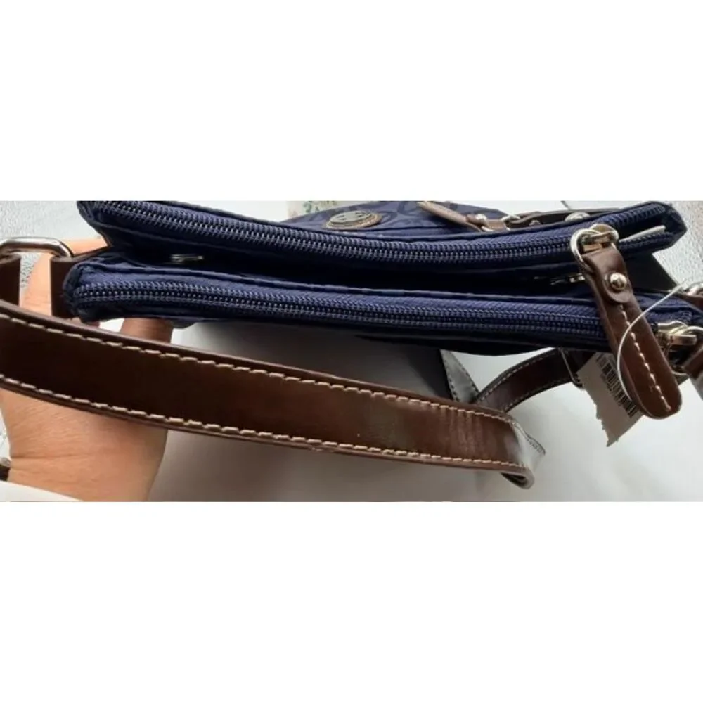 Giani Bernini Navy Blue Monogram Crossbody Bag Nylon Purse Brown Leather Trim
